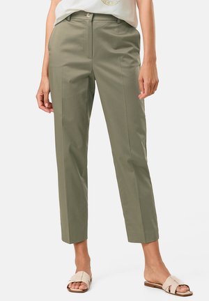 Olive green tailored trousers with a straight fit, high waist, and front pockets. Features a smooth texture and tailored seams.