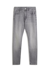 Szürke farmernadrág, slim fit fazonnal, öt zsebbel, gombos zipzárral és enyhe kopással. Az anyag sima textúrájú.