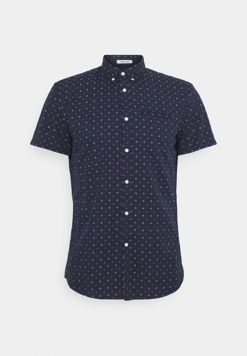 Marineblaue Kurzarm-Hemd mit Button-Down-Kragen, mit einem geometrischen roten und weißen Muster und einer Brusttasche.