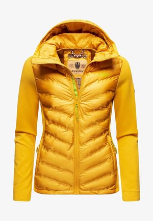 Veste hybride jaune pour femmes avec avant rembourré, manches en tissu doux, capuche et fermeture éclair avant avec poches latérales zippées.