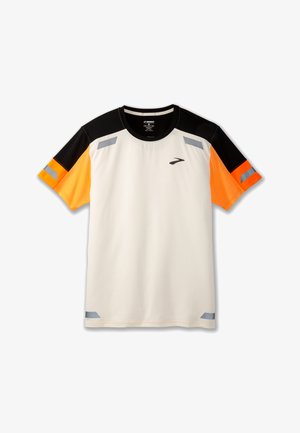 Men's athletic t-shirt in white, with black and orange short sleeves, featuring reflective details and a mesh texture for breathability.