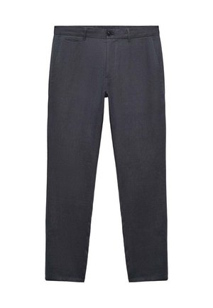 Dark gray trousers made of textured fabric, featuring angled front pockets, a button closure, and a slim leg design.