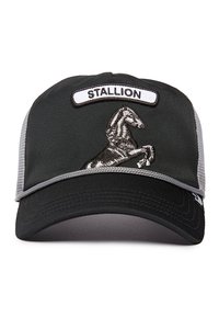 Black cap with gray mesh side panels, featuring a rear adjustment strap. Embroidered stallion design and "STALLION" patch on the front.