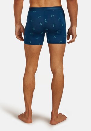 Marineblaue Boxershorts mit einem bequemen Bund, der ein wiederholtes hellblaues Hummermuster aufweist, aus weichem, dehnbarem Material gefertigt.