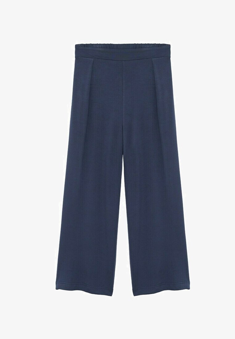 Navy wide-leg trousers with an elastic waistband, featuring a smooth texture and front pleats for added structure.