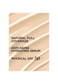 Natural full coverage anti-aging hydrating serum with physical SPF 50+ shown on a smooth beige foundation texture background.