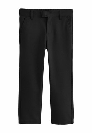 Black tailored trousers with a smooth fabric, straight leg design, belt loops, and side pockets. Minimalist style with no visible patterns.