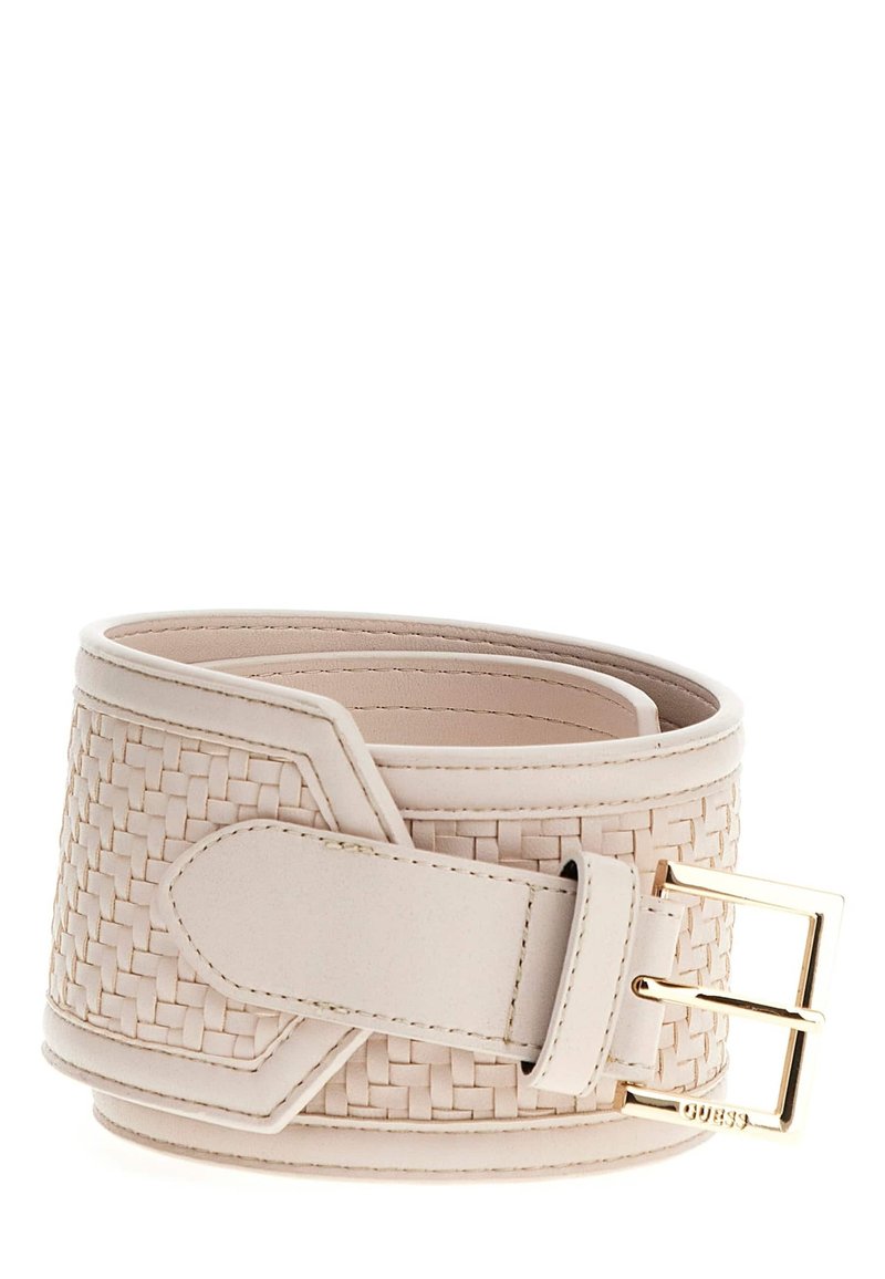 Kudottu beige nahkavyö, jossa on kiiltävä kultasävyinen solki. Sisältää tekstuuripinnan ja laajan muotoilun. Säädettävä malli, jossa on sileä alapuoli.
