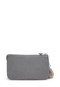 Gray rectangular zippered pouch with a fabric texture and a small beige fluffy keychain attached to the zipper pull.