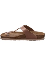 Brown faux leather flip-flop with a cork footbed, flat rubber outsole, and clear plastic detail on the thong strap.