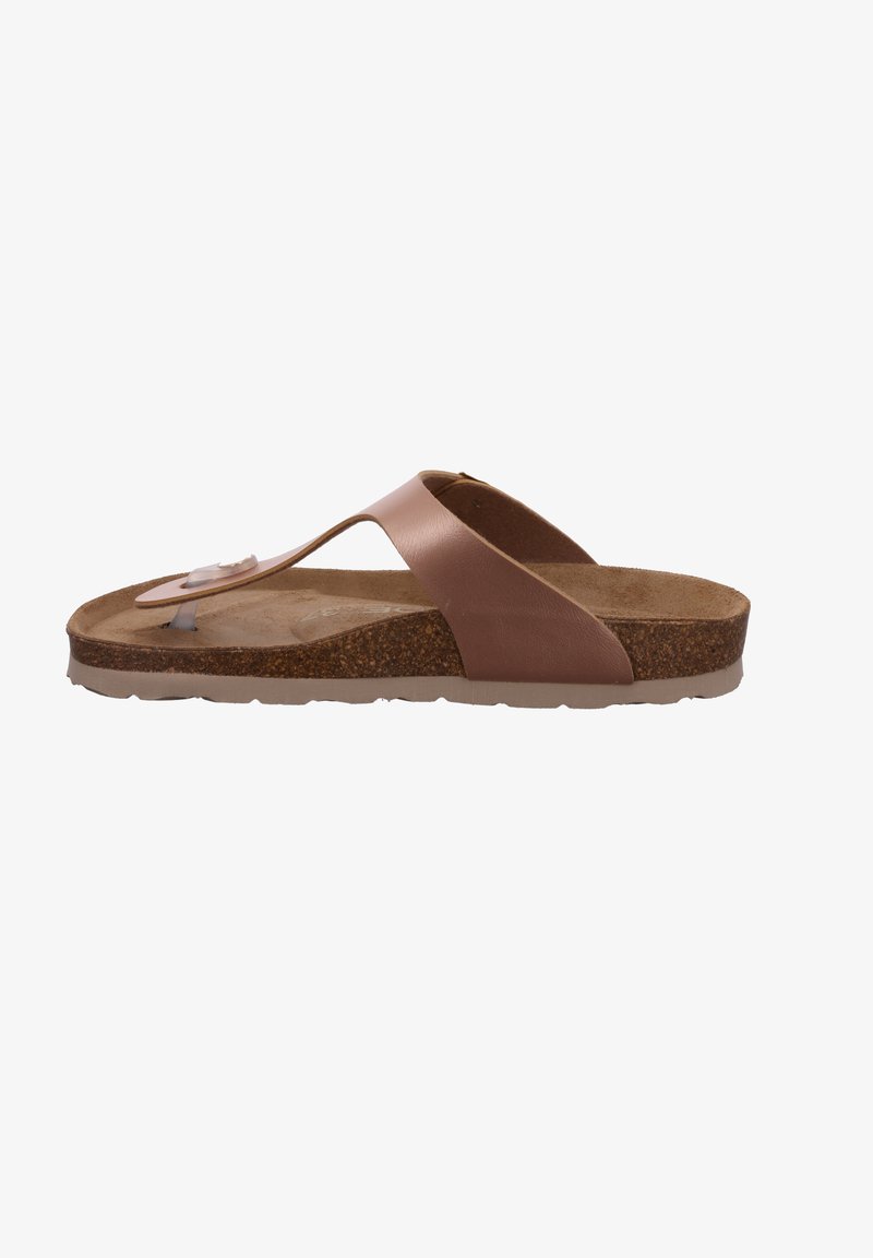 Brown faux leather flip-flop with a cork footbed, flat rubber outsole, and clear plastic detail on the thong strap.