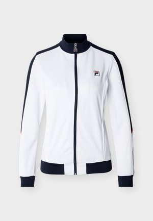White zip-up jacket with black collar, cuffs, and hem, black stripes down sleeves, and a small red and black logo on the left chest.