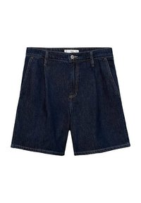 Pantalones cortos de mezclilla azul oscuro con cierre de botón, bolsillos delanteros y un diseño de pierna recta. La tela tiene un acabado texturizado.