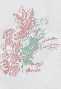 Kwiaty z różowym obrysem, zielonymi liśćmi i łodygami na białym tle, z tekstem pisaną czcionką "magic flowers".