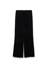 Schwarze Samt-Hosen mit weiter Beinform und glatter Textur, zwei seitlichen Taschen und lockerer Passform. Merkmale ein einfaches Taillendesign.