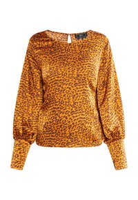 Leopardprint top in oranje en bruin, met een ronde hals, lange pofmouwen en een sleufdetail op de rug. Glad, glanzend materiaal.