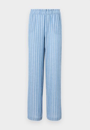 Light blue striped trousers with an elastic waistband, made from soft fabric, featuring vertical white stripes and a relaxed fit.