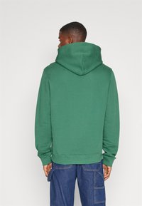 Felpa verde con un grande cappuccio, polsini a coste e orlo dritto. Tessuto morbido; indossata sopra pantaloni cargo blu scuro.