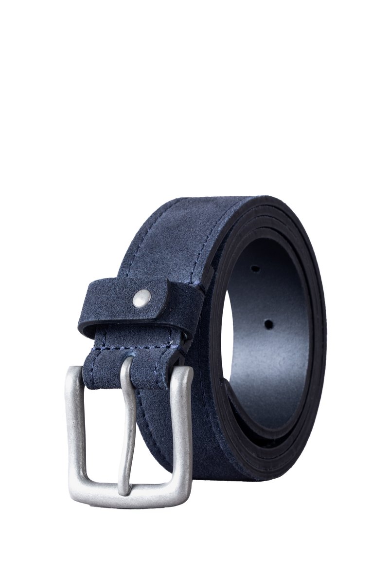 Navy blue suede belt with a silver metal buckle, featuring a smooth surface and stitched detailing along the edges. Adjustable with holes.