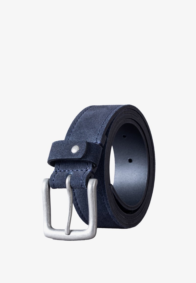 Navy blue suede belt with a silver metal buckle, featuring a smooth surface and stitched detailing along the edges. Adjustable with holes.