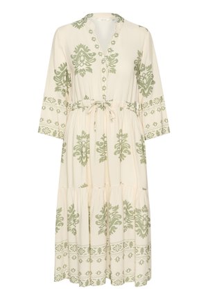 Cremfarbendes Kleid mit grünen Blumenmustern, ausgestattet mit einem Knopfverschluss am Ausschnitt, Dreiviertelärmeln und einer taillierten Taille, ausgestelltem Saum.