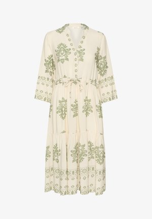 Cremfarbendes Kleid mit grünen Blumenmustern, ausgestattet mit einem Knopfverschluss am Ausschnitt, Dreiviertelärmeln und einer taillierten Taille, ausgestelltem Saum.