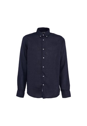 Camicia blu navy a maniche lunghe con bottoni, colletto e polsini con bottoni, mostrata su sfondo bianco.