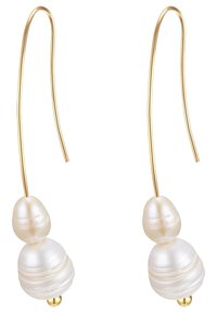 Gold-tone earrings feature two irregular white pearls on a flexible hook. Pearls have a smooth, lustrous surface with subtle variations.