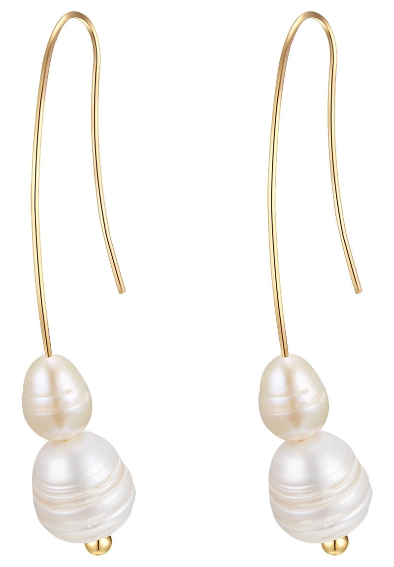 Gold-tone earrings feature two irregular white pearls on a flexible hook. Pearls have a smooth, lustrous surface with subtle variations.
