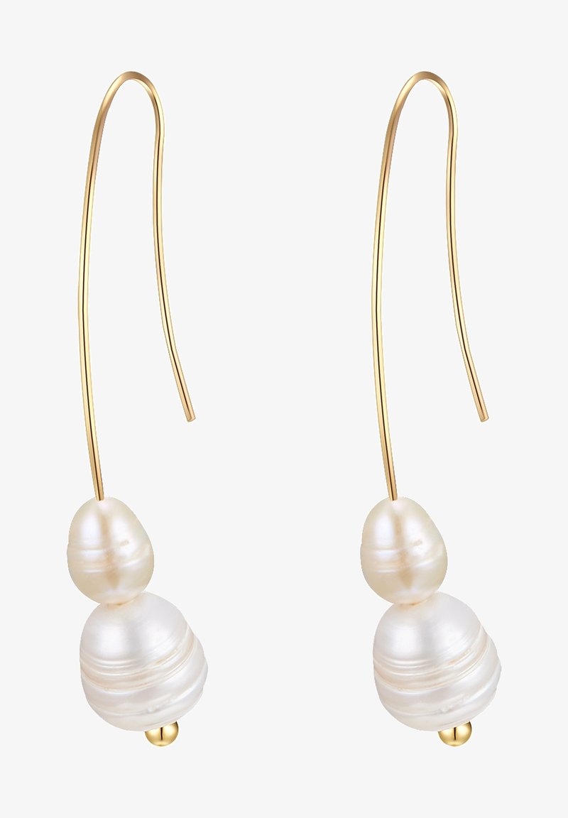 Gold-tone earrings feature two irregular white pearls on a flexible hook. Pearls have a smooth, lustrous surface with subtle variations.