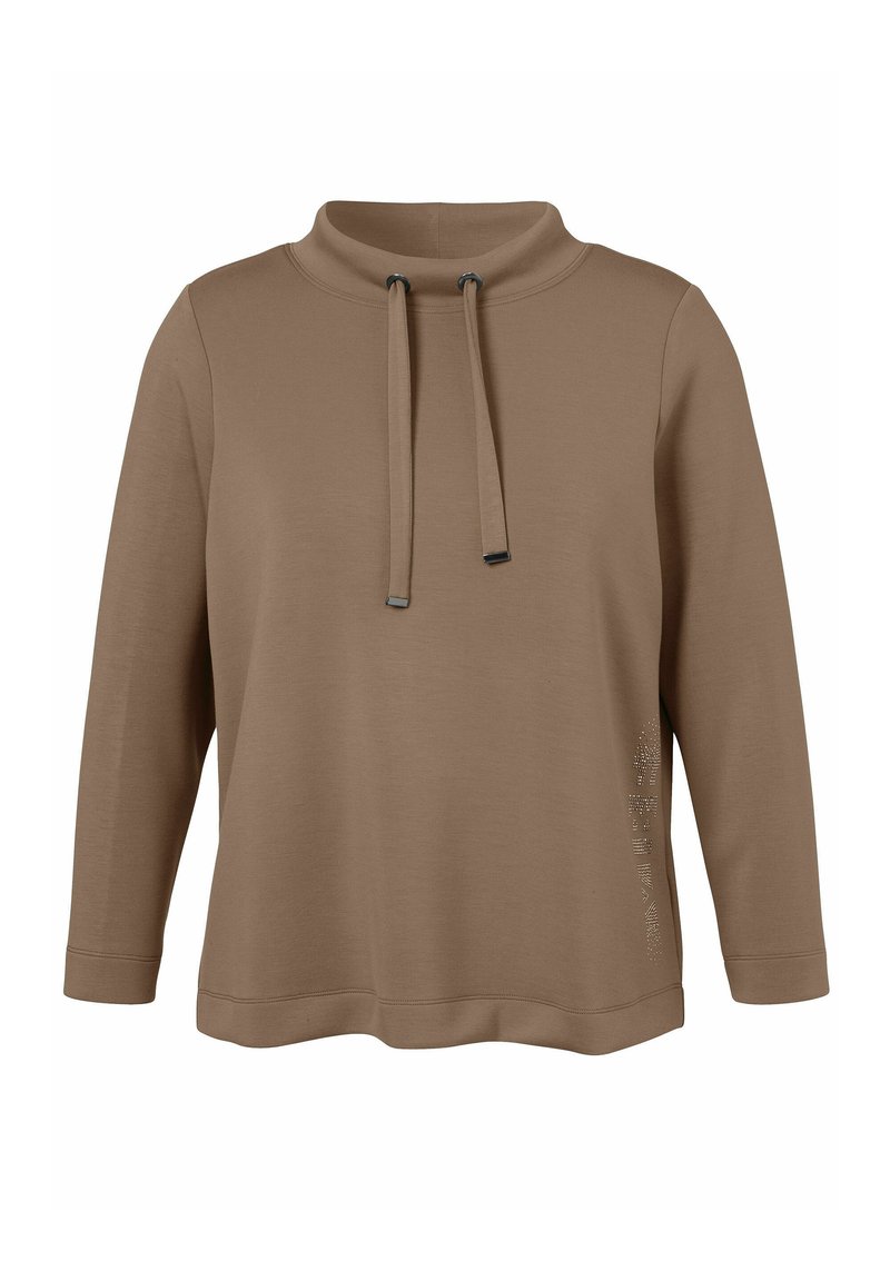 Brown pullover top in soft fabric, featuring a high neckline with drawstrings, long sleeves, and a decorative pattern on the side.