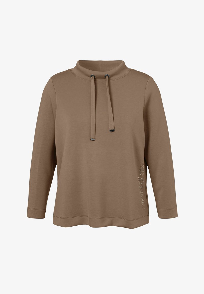 Brown pullover top in soft fabric, featuring a high neckline with drawstrings, long sleeves, and a decorative pattern on the side.