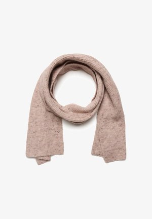 Sciarpa a coste di un rosa chiaro con una texture morbida, caratterizzata da piccole macchie e da una forma lunga e rettangolare adatta per avvolgere o per fare styling.