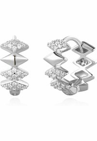 Silverfärgade hoopörhängen med zigzagdesign, prydda med diamantliknande detaljer på växelvisa former, med en polerad finish och en säker låsning.