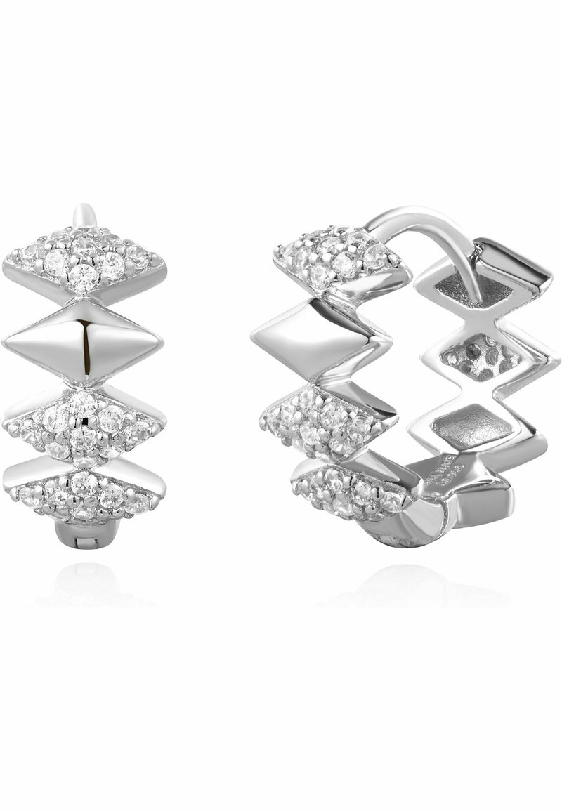 Silverfärgade hoopörhängen med zigzagdesign, prydda med diamantliknande detaljer på växelvisa former, med en polerad finish och en säker låsning.