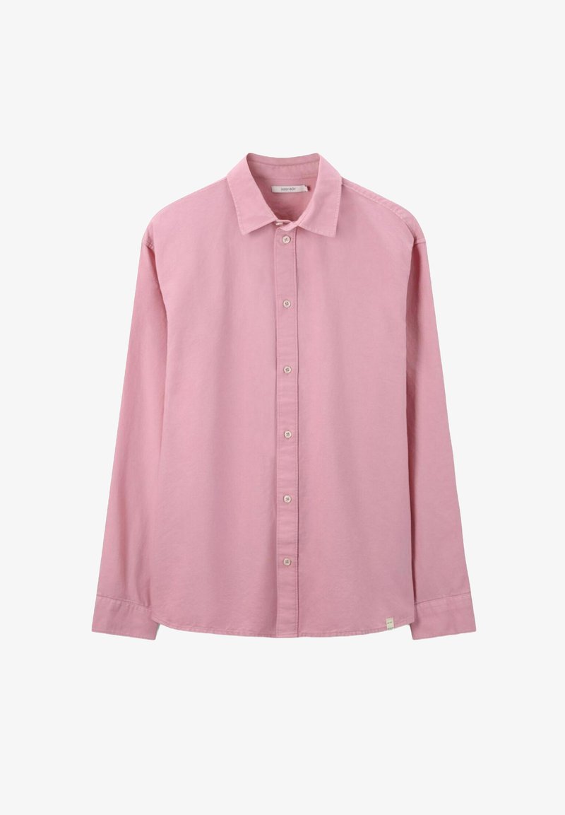 Chemise à manches longues en coton rose clair. Présente un col classique, des coutures détaillées et des boutons sur le devant.