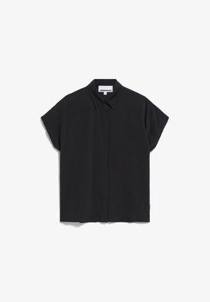 Zwarte korte mouwen shirt met een kraag, met een schoon, minimalistischer ontwerp en een gladde stoftextuur, knoopsluiting aan de voorkant en geen zichtbare patronen.