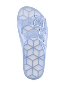 Translucent blue sandal with a geometric pattern on the sole, featuring two adjustable straps and silver buckle accents.