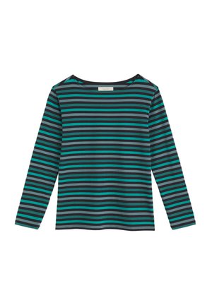 Maglietta a maniche lunghe realizzata in un morbido tessuto con righe orizzontali turchese e nere, caratterizzata da un ampio scollo e una vestibilità rilassata.