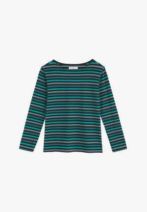 Maglietta a maniche lunghe realizzata in un morbido tessuto con righe orizzontali turchese e nere, caratterizzata da un ampio scollo e una vestibilità rilassata.