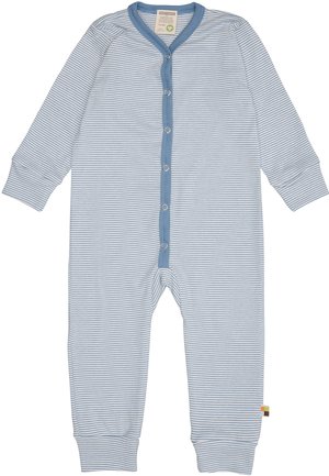 Tutina a righe blu chiaro con maniche lunghe, chiusura a pressione e polsini a coste. Presenta un bordo blu e un'etichetta piccola con dettagli colorati all'orlo.