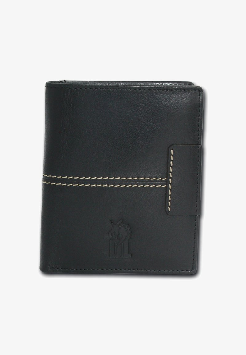 Black leather wallet with white stitching, bi-fold design, embossed logo, and a side button closure for secure storage.