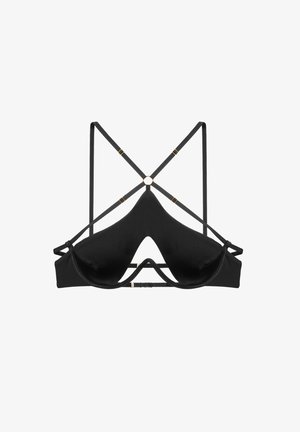 Czarny stanik z gładkimi miseczkami, regulowanymi skrzyżowanymi ramiączkami oraz złotymi akcentami na środku i ramiączkach.