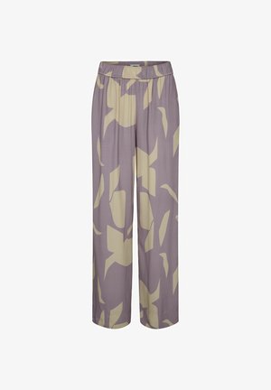 Lichtpaarse wijde broek met een beige abstract patroon, elastische tailleband en een gladde textuur. Enkel lengte ontwerp voor comfort.