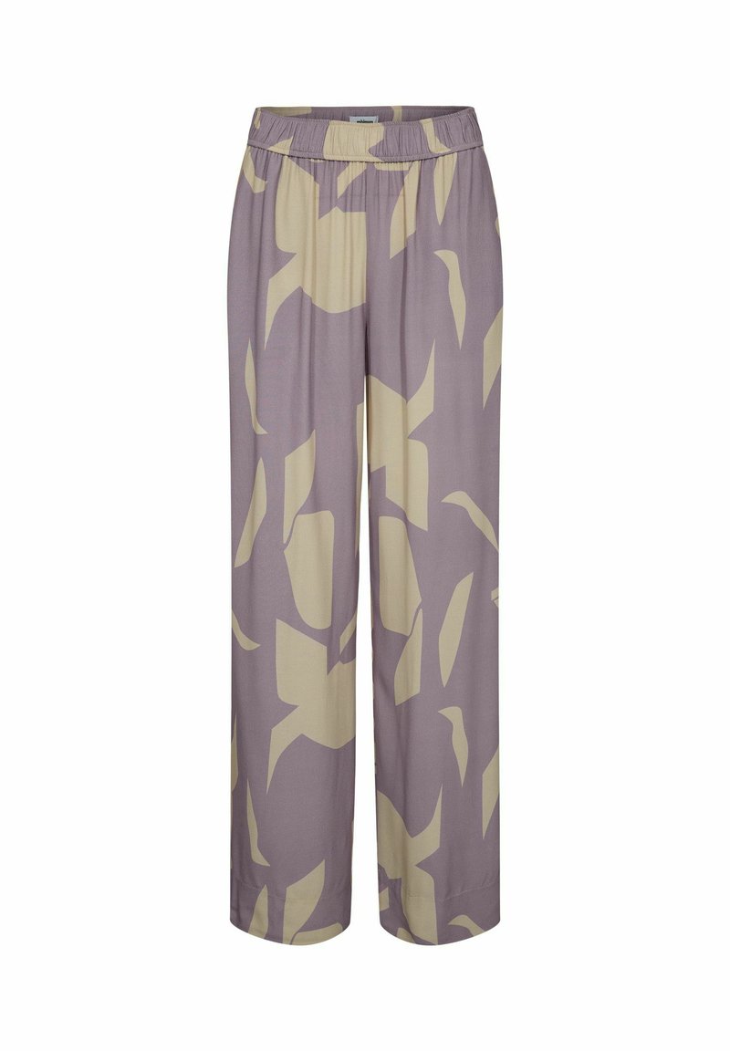 Helllila weite Hose mit beigem abstraktem Muster, elastischem Bund und glatter Textur. Knöchellanges Design für zusätzlichen Komfort.