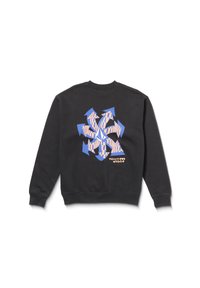 Sudadera negra con un gran diseño gráfico azul y naranja en la parte trasera, con puños y cintura acanalados. Logo de la marca visible.