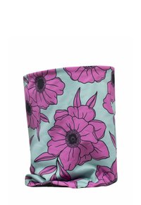 Multikleurige hals tub sjaal met een lichtblauwe achtergrond en grote roze bloemen omlijnd met zwart. Zachte, gladde textuur; cilindrische vorm.