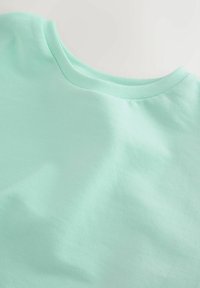 Camiseta de algodón de color verde menta claro con un diseño clásico de cuello redondo, textura suave y detalles de costuras mínimamente visibles.