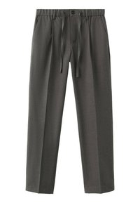 Sive hlače z ohlapnim krojem, ki imajo vrvico za nastavitev pasu, gumbasto zapiranje, mehak material in osrednje gube.