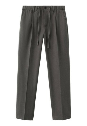 Pantaloni gri cu o croială lejeră, cu talie elastică cu șnur, închidere cu nasture, material moale și detalii de pliuri centralizate.